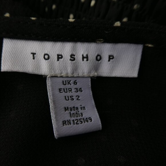 Top Shop Black Peasant Dress Midi White Polka Dots Tiered Ruffles Smocked Bodice - Picture 6 of 7